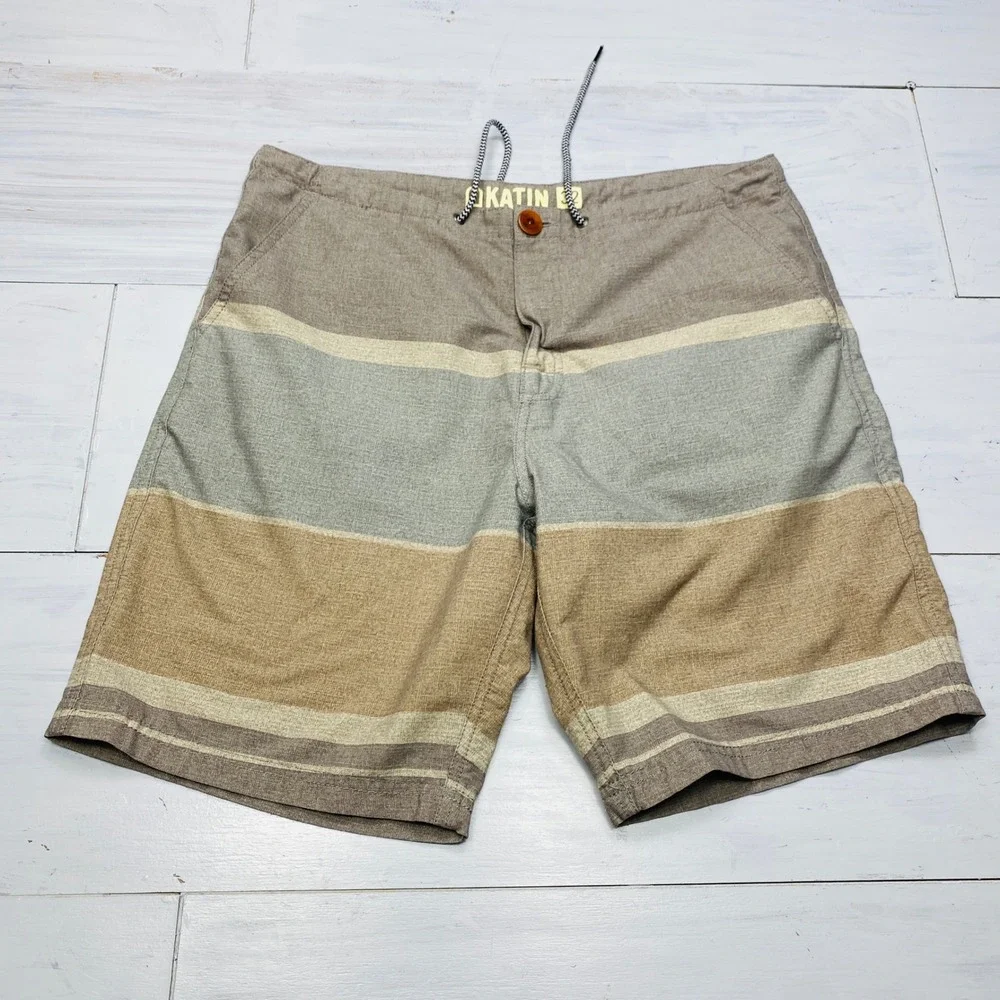 Katin Board Shorts Mens 32 Brown Tan Striped Surf Swim Trunks Pockets Beachwear